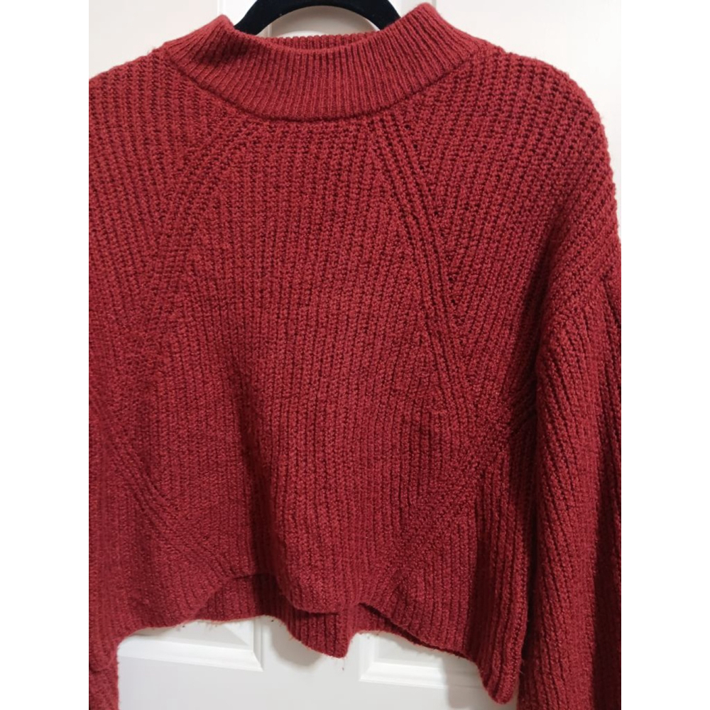BP Balloon Cable Knit Sleeve Raglan Mock Neck Oversized Sweater in Maroon - Picture 10 of 12